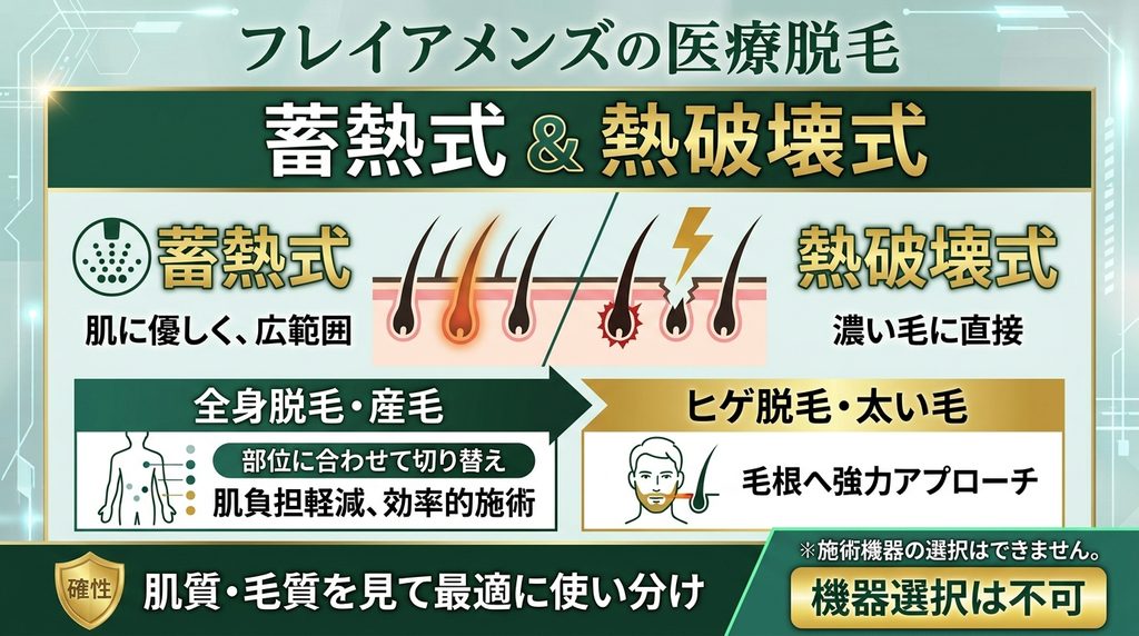 フレイアメンズは蓄熱式と熱破壊式を使い分ける